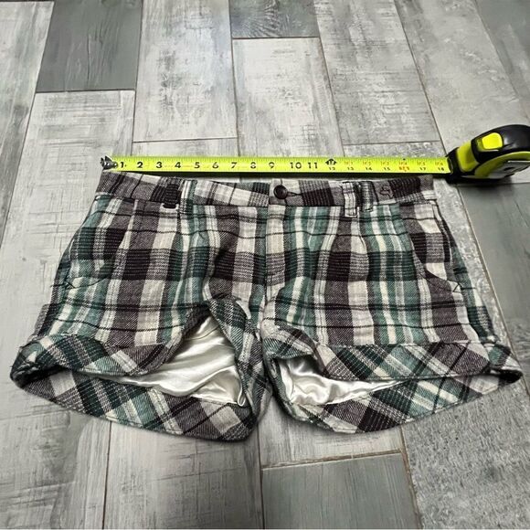 FOX VTG Y2K Academia Plaid Wool Brown Green Ivory Low Rise Mini Dress Shorts 7 S - Picture 9 of 16